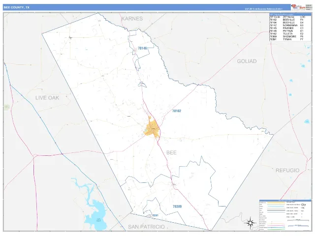 Bee County, TX ZIP Code Wall Map, Business Reference style