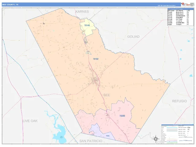 Bee County, TX ZIP Code Wall Map, ColorCast style