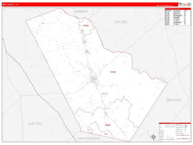 Bee County, TX ZIP Code Wall Map, RedLine style