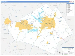 Bell County, TX Business Reference style ZIP Code wall map