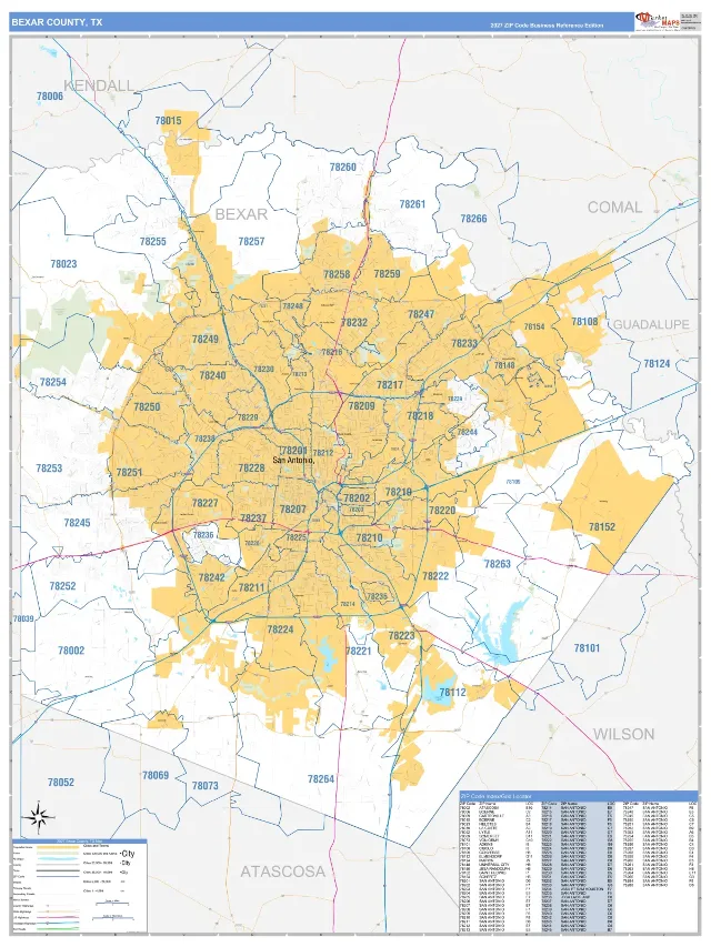 Bexar County, TX ZIP Code Wall Map, Business Reference style