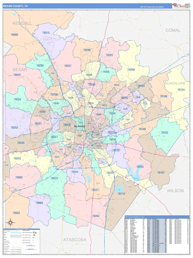 Bexar County, TX ZIP Code Wall Map, ColorCast style