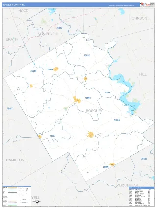 Bosque County, TX Business Reference style ZIP Code wall map