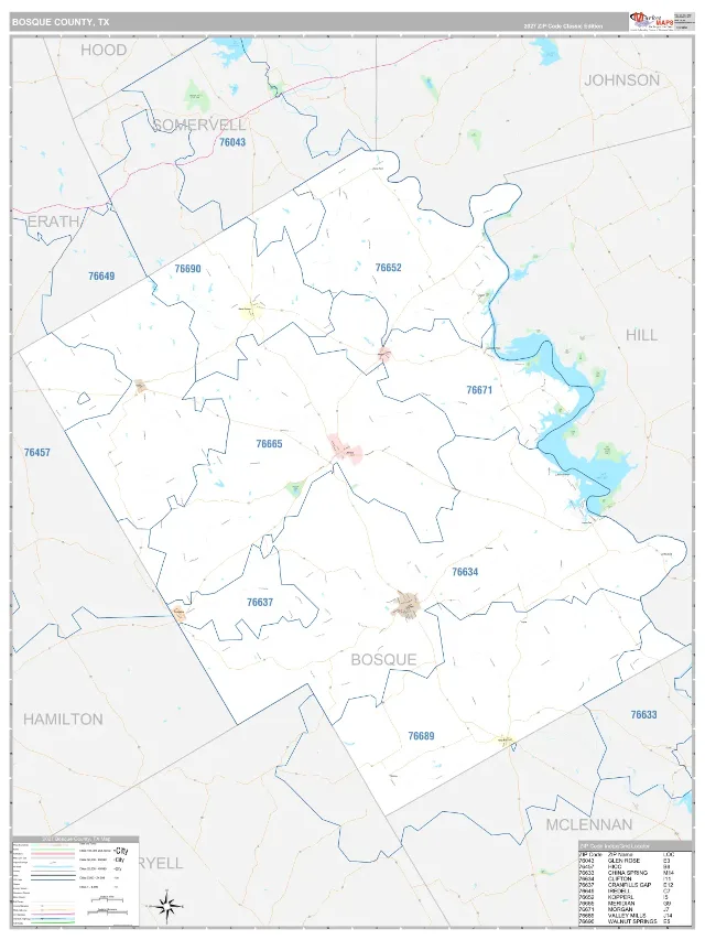 Bosque County, TX ZIP Code Wall Map, Classic style