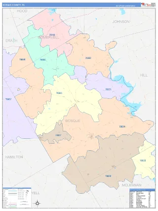 Bosque County, TX ColorCast style ZIP Code wall map