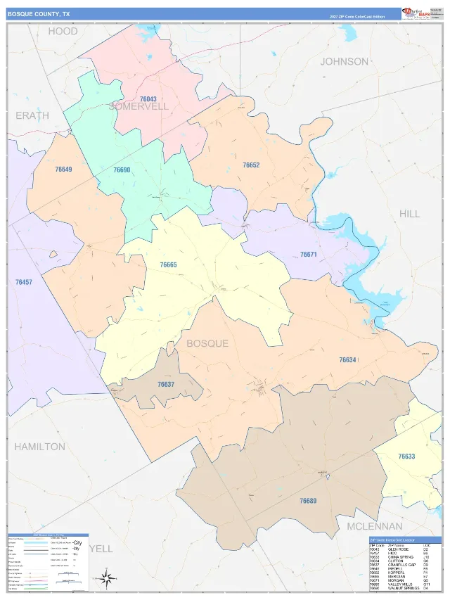 Bosque County, TX ZIP Code Wall Map, ColorCast style