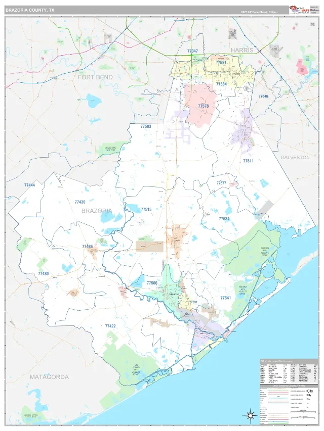 Brazoria County, TX ZIP Code Wall Map, Classic style
