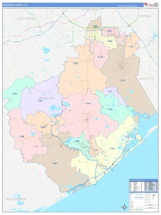 Brazoria County, TX ColorCast style ZIP Code wall map