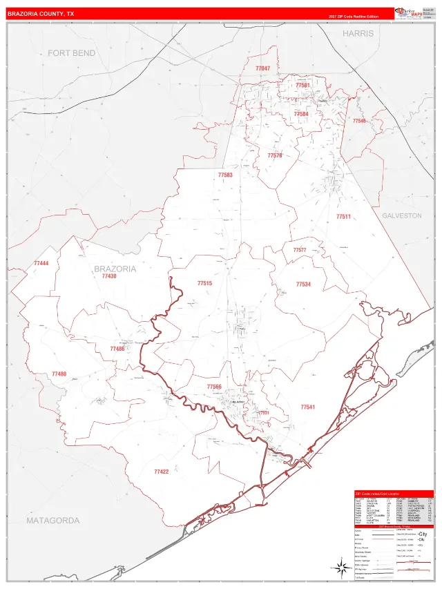 Brazoria County, TX ZIP Code Wall Map, RedLine style