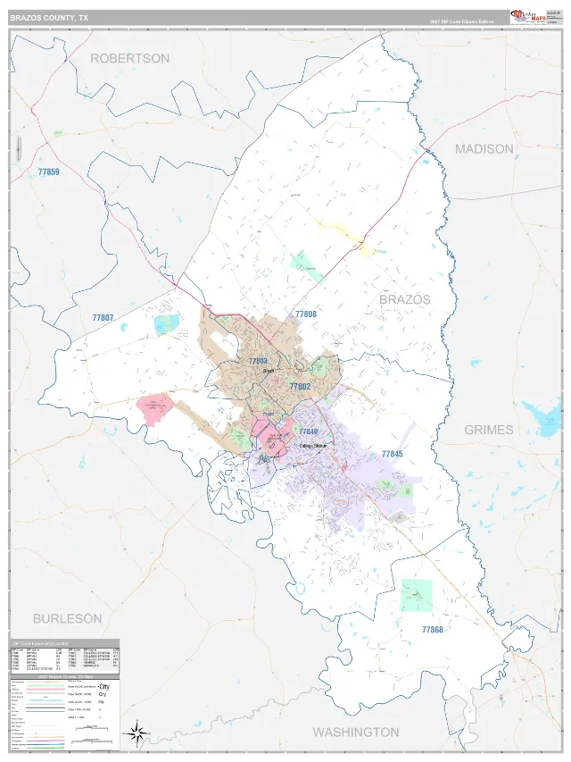 Brazos County, TX ZIP Code Wall Map, Classic style
