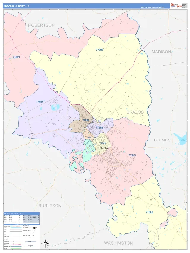 Brazos County, TX ZIP Code Wall Map, ColorCast style