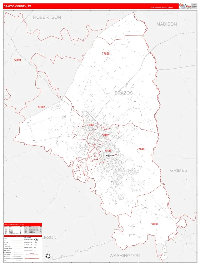 Brazos County, TX ZIP Code Wall Map, RedLine style
