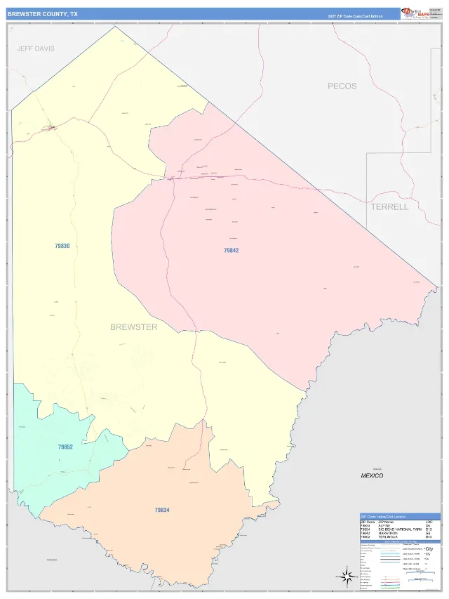 Brewster County, TX ZIP Code Wall Map, ColorCast style
