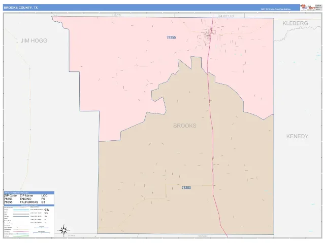 Brooks County, TX ZIP Code Wall Map, ColorCast style