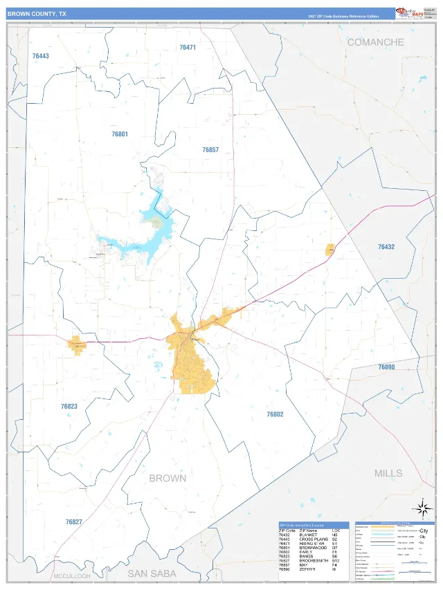 Brown County, TX ZIP Code Wall Map, Business Reference style