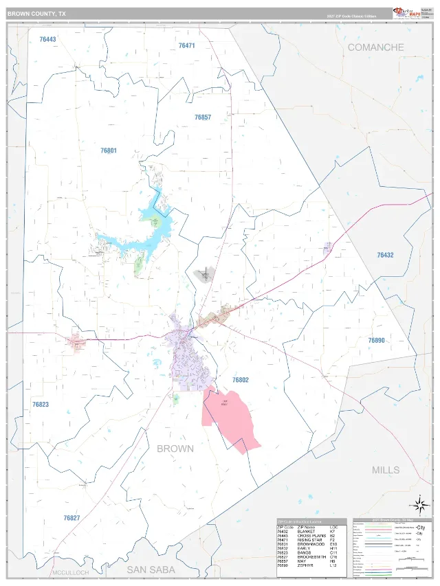 Brown County, TX ZIP Code Wall Map, Classic style