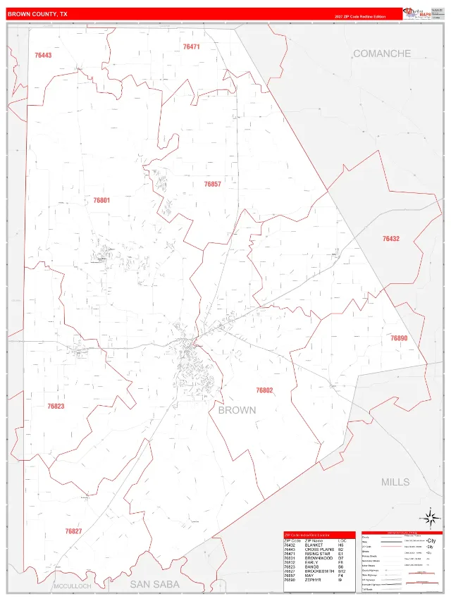 Brown County, TX ZIP Code Wall Map, RedLine style