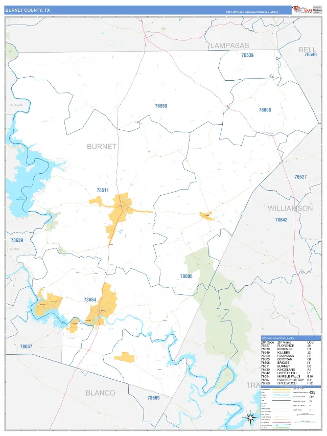 Burnet County, TX ZIP Code Wall Map, Business Reference style