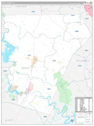 Burnet County, TX Classic style ZIP Code wall map