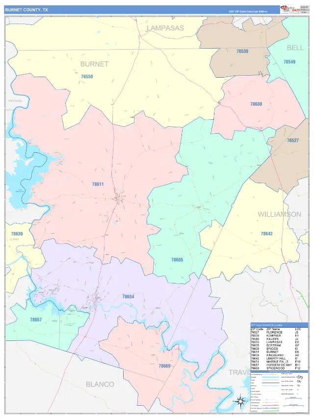 Burnet County, TX ZIP Code Wall Map, ColorCast style