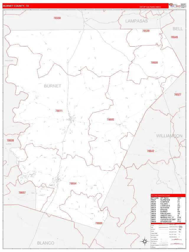 Burnet County, TX ZIP Code Wall Map, RedLine style