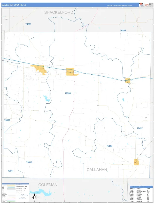 Callahan County, TX ZIP Code Wall Map, Business Reference style