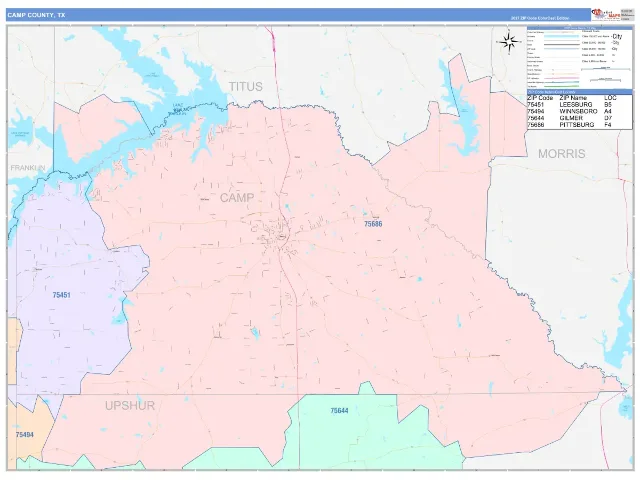Camp County, TX ZIP Code Wall Map, ColorCast style