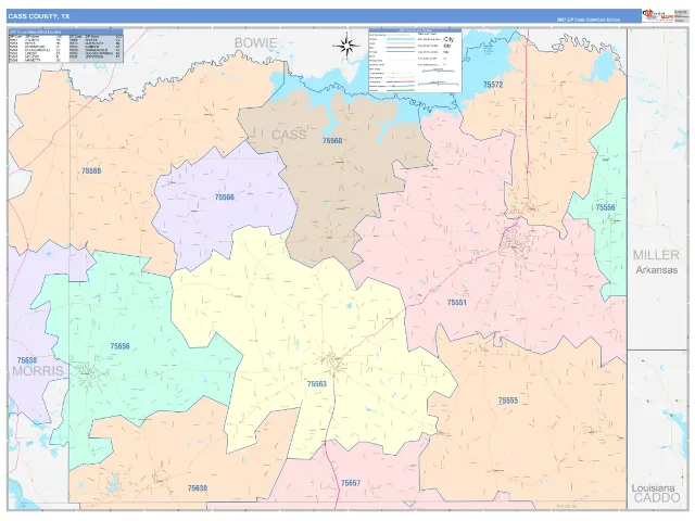 Cass County, TX ZIP Code Wall Map, ColorCast style