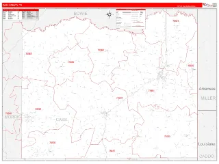 Cass County, TX RedLine style ZIP Code wall map