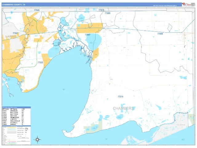 Chambers County, TX ZIP Code Wall Map, Business Reference style