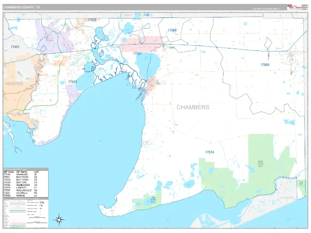 Chambers County, TX ZIP Code Wall Map, Classic style