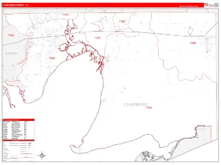 Chambers County, TX RedLine style ZIP Code wall map