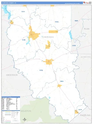 Cherokee County, TX Business Reference style ZIP Code wall map