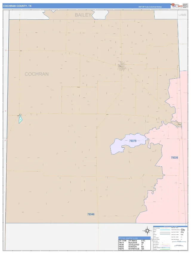 Cochran County, TX ZIP Code Wall Map, ColorCast style