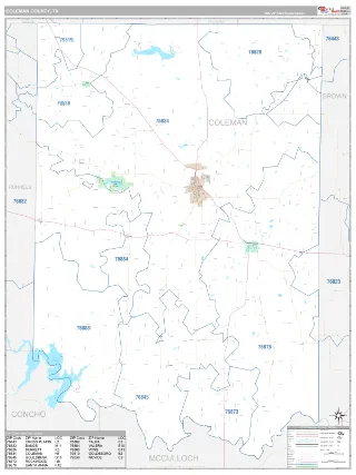 Coleman County, TX Classic style ZIP Code wall map