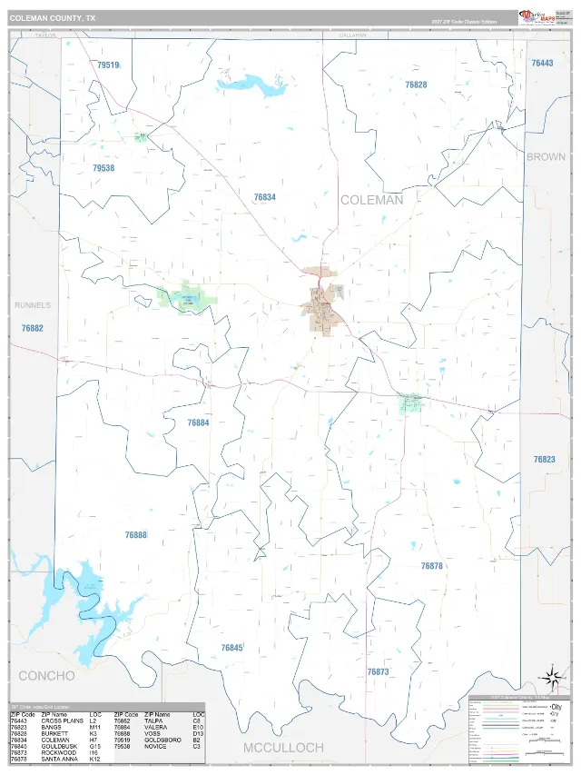 Coleman County, TX ZIP Code Wall Map, Classic style