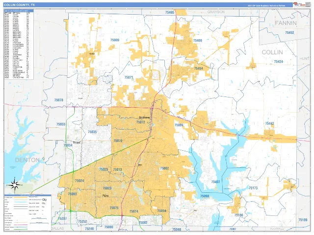 Collin County, TX ZIP Code Wall Map, Business Reference style