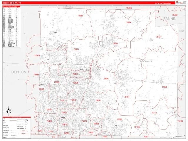 Collin County, TX ZIP Code Wall Map, RedLine style