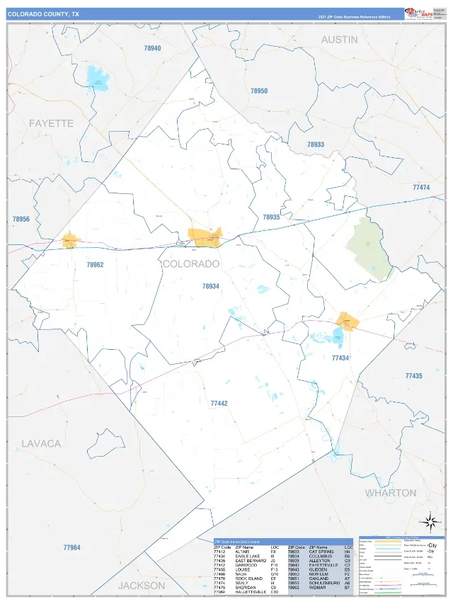 Colorado County, TX ZIP Code Wall Map, Business Reference style