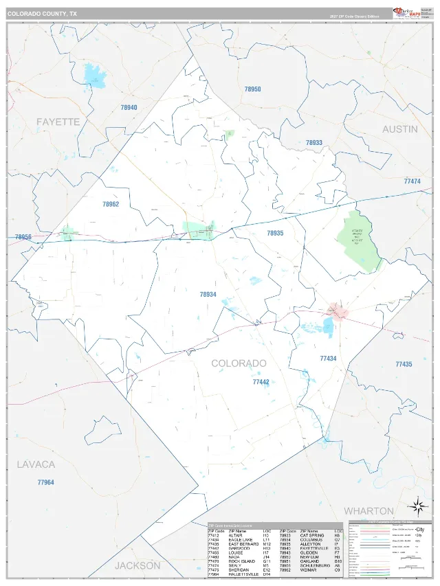 Colorado County, TX ZIP Code Wall Map, Classic style