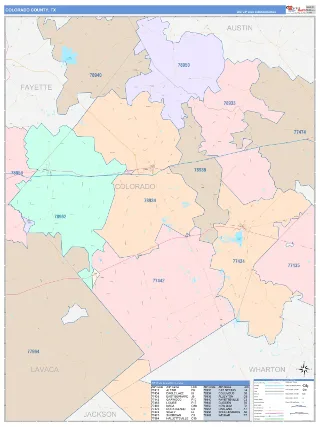 Colorado County, TX ColorCast style ZIP Code wall map