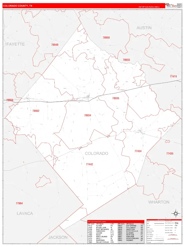 Colorado County, TX ZIP Code Wall Map, RedLine style