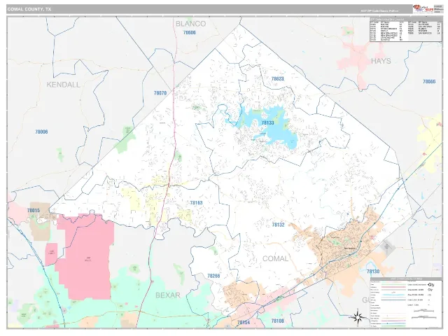 Comal County, TX ZIP Code Wall Map, Classic style