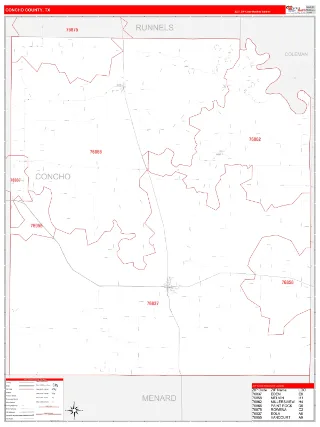 Concho County, TX RedLine style ZIP Code wall map