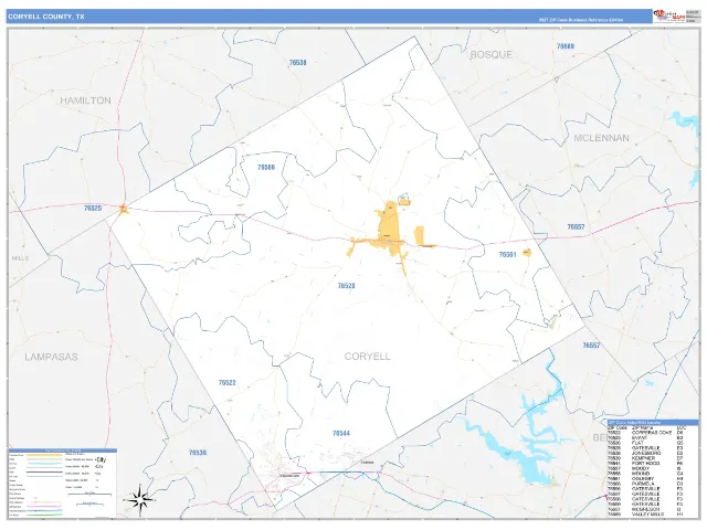 Coryell County, TX ZIP Code Wall Map, Business Reference style