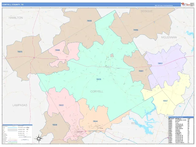 Coryell County, TX ZIP Code Wall Map, ColorCast style