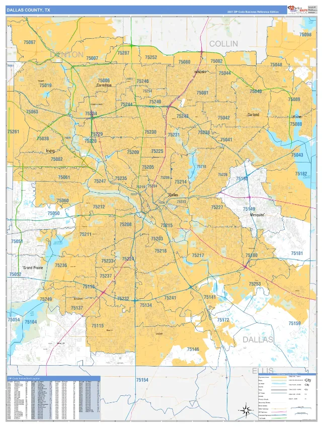 Dallas County, TX ZIP Code Wall Map, Business Reference style