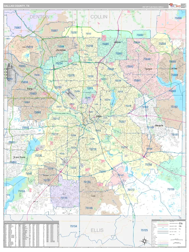 Dallas County, TX ZIP Code Wall Map, Classic style