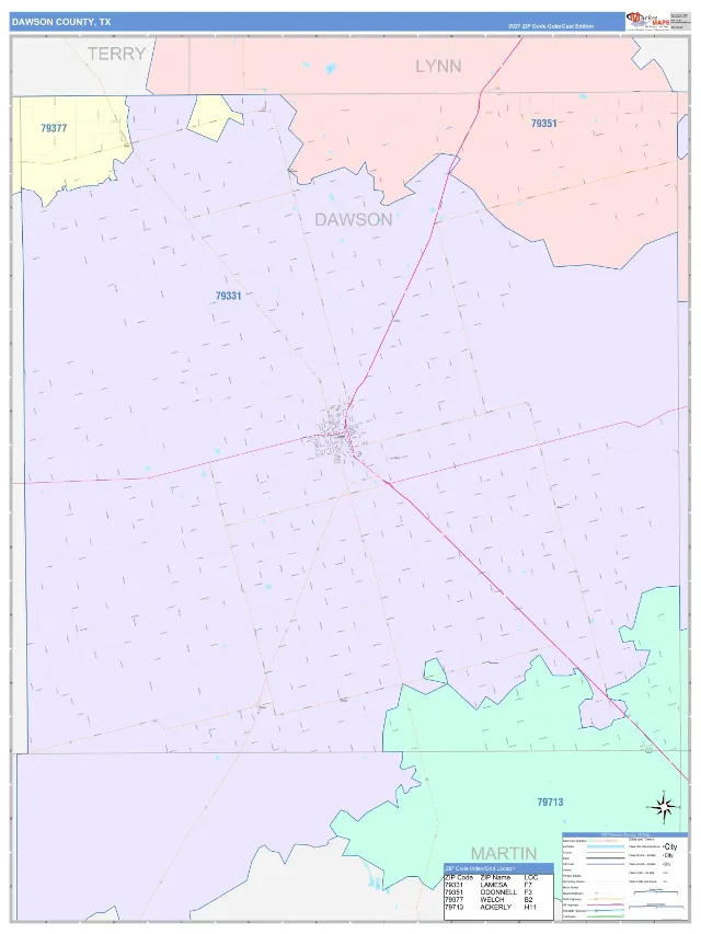Dawson County, TX ZIP Code Wall Map, ColorCast style
