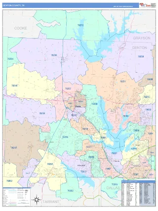 Denton County, TX ColorCast style ZIP Code wall map